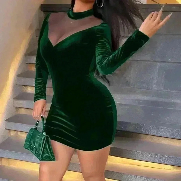 Dark Green Party Women's Sexy Mesh Patchwork Slim Fit Mini Dress - Picture 1 of 5